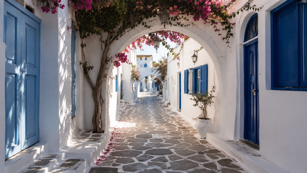 Naoussa's whitewashed lanes with bougainvillea and blue doors in soft morning light.