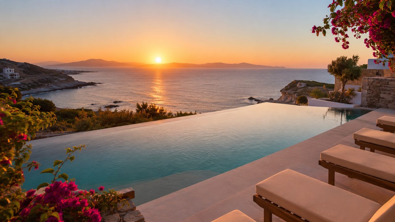 Private suite pool overlooking the Aegean at sunset in Naoussa's Xifara location.